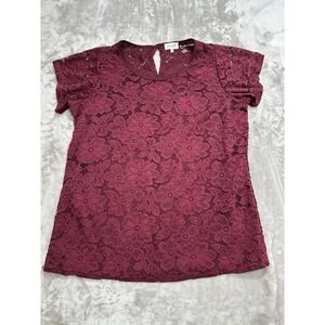 Siren Lily Blouse Top Women's Size 1X Cranberry Lace Lined Short Sleeve EUC
